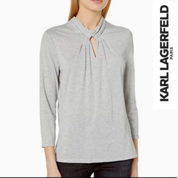 NWT - KARL LAGERFELD PARIS : Silver Keyhole Knit Long Sleeve Blouse Sz: S - Picture 1 of 6